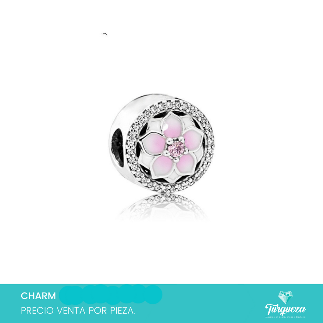 Dije Charm Flor Loto Rosa Tipo Pand Plateado