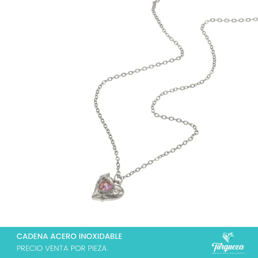 Collar Corazon Zirconia Plateado Acero Inoxidable