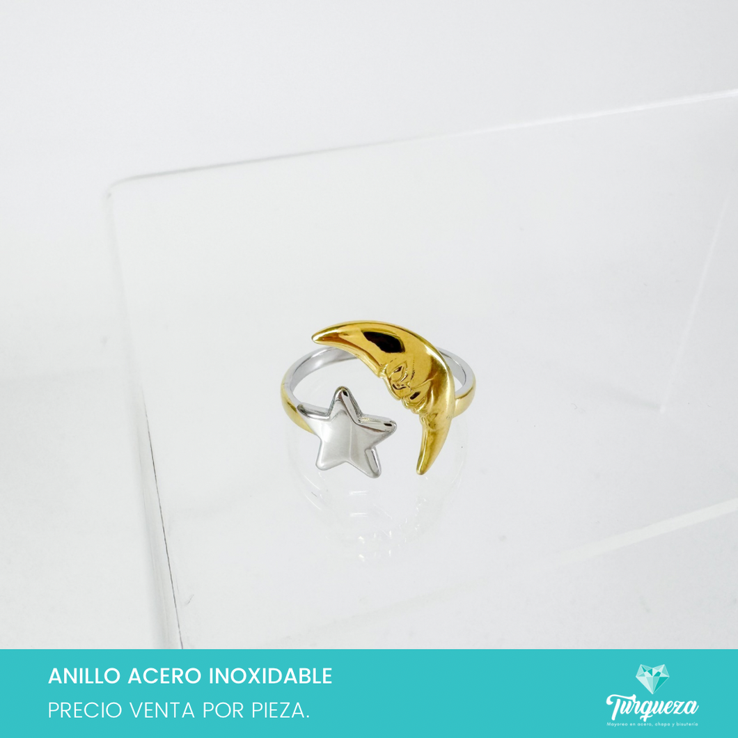 Anillo Luna Estrella Bicolor Acero Inoxidable