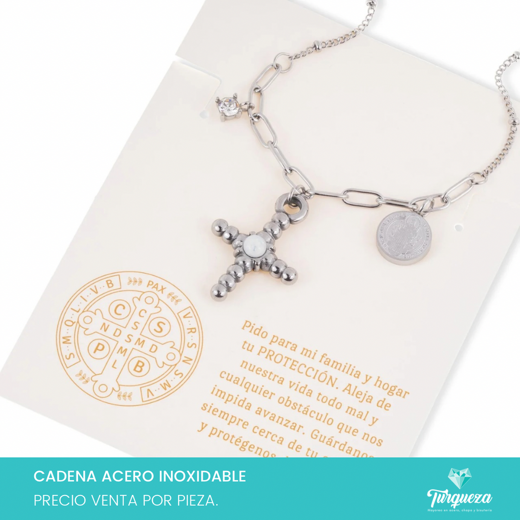 Collar Cruz Opalo Plateado Acero Inoxidable