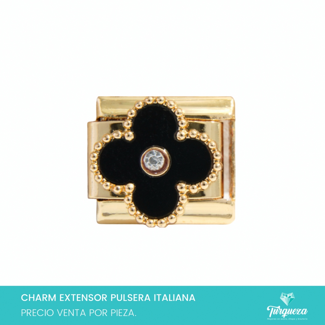 Dije Charm Trebol Vc Negro para Pulsera Tipo Italiana Dorado Acero Inoxidable