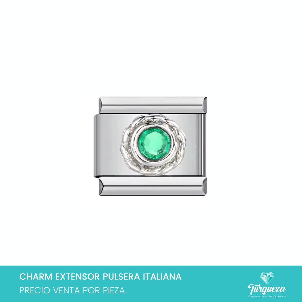 Dije Charm Zirconia Verde para Pulsera Tipo Italiana Plateado Acero Inoxidable