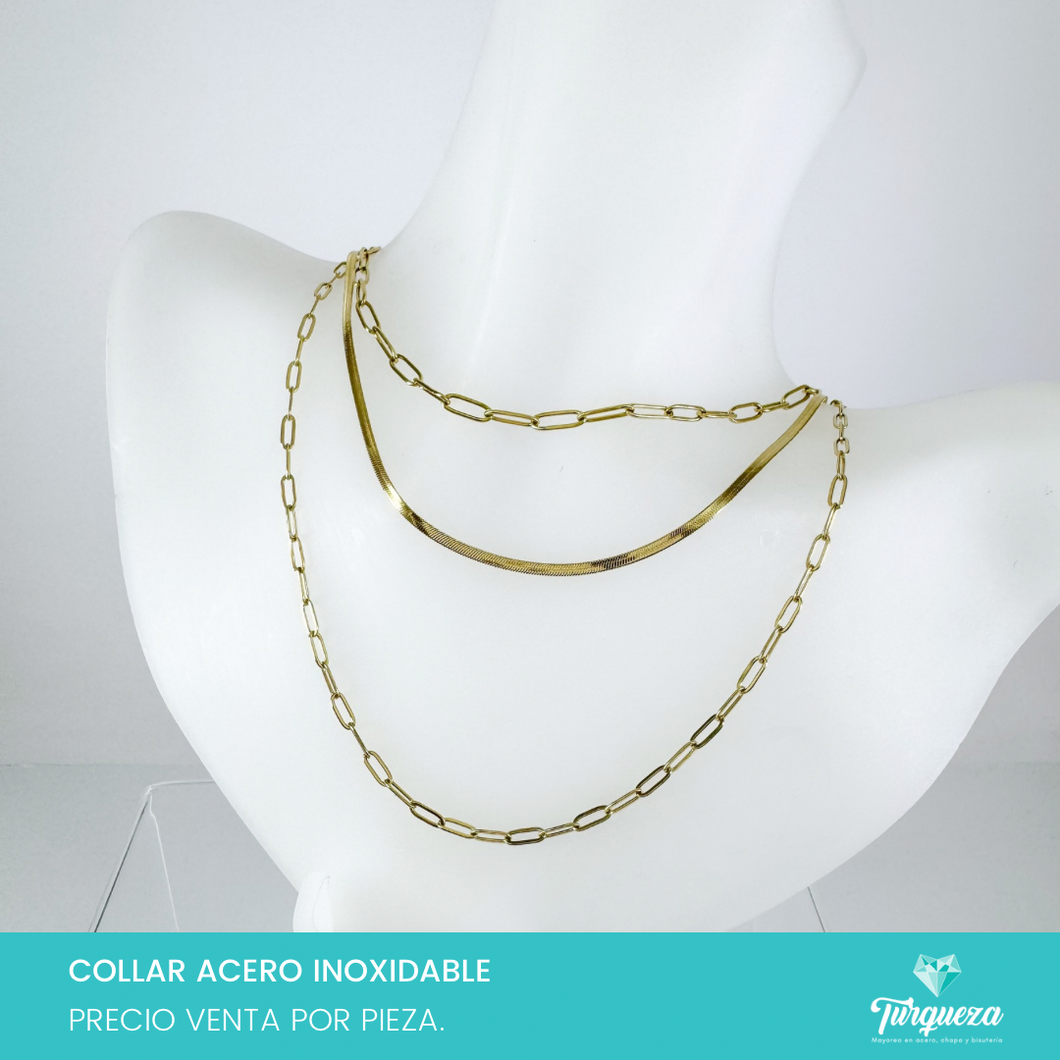 Collar Oval y Planchada Triple Dorado Acero Inoxidable