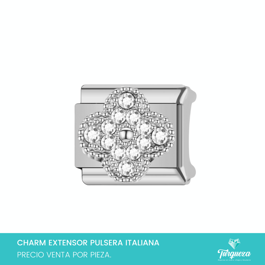 Dije Charm Trebol Zirconias para Pulsera Tipo Italiana Plateado Acero Inoxidable