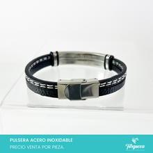 Cargar imagen en el visor de la galería, Brazalete Vinipiel Negro (20cm-1cm) Acero Inoxidable
