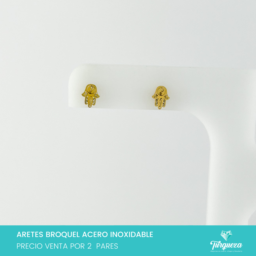 Aretes Broquel Mano Hamsa con Yin Yang Dorado (2 pares) Acero Inoxidable