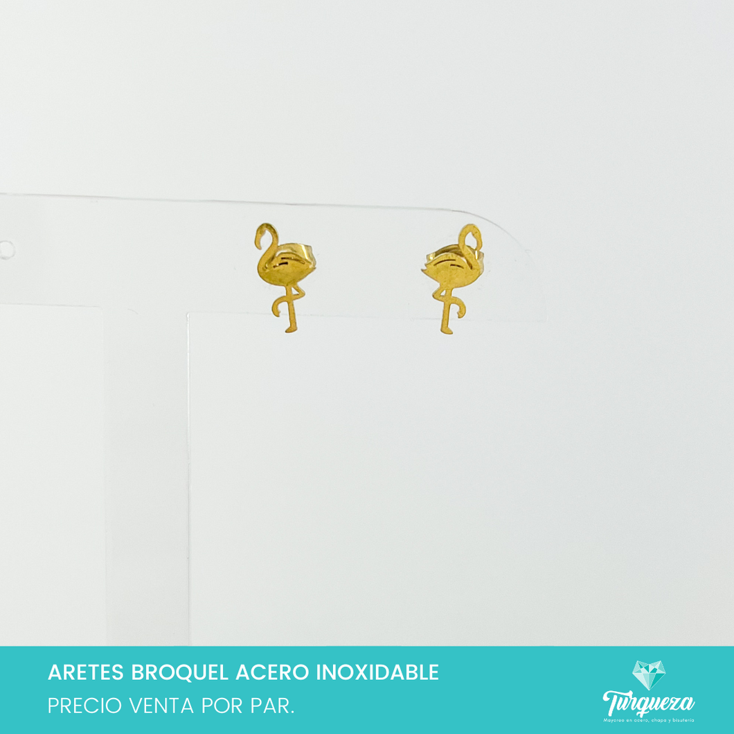 Aretes Broquel Flamingo Dorado Acero Inoxidable