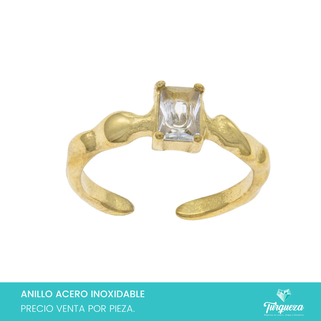 Anillo Ondulado con Zirconia Cuadrada Dorado Acero Inoxidable
