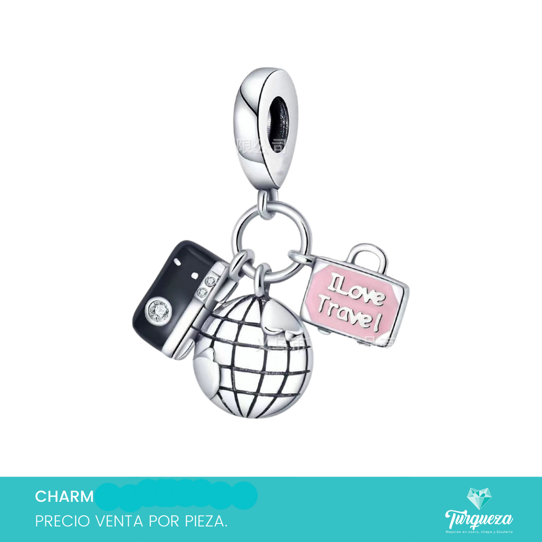 Dije Charm Mundo Maleta Viajeros Tipo Pand Plateado