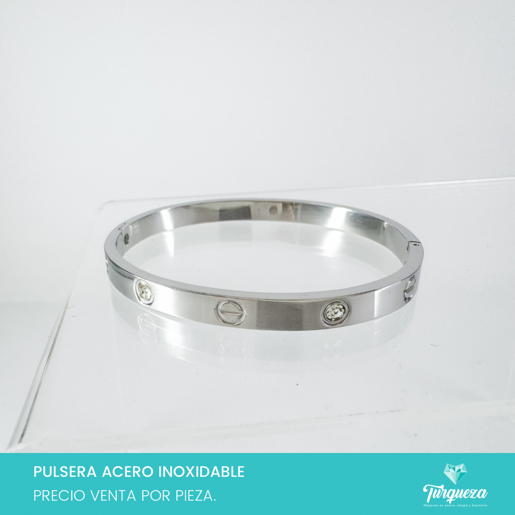 Brazalete diseño Tornillo y Zirconias Plateada Acero Inoxidable