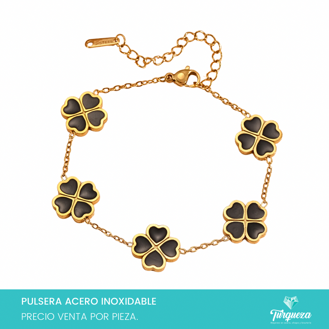 Pulsera Trebol Negro Doble Cara Dorada Acero Inoxidable