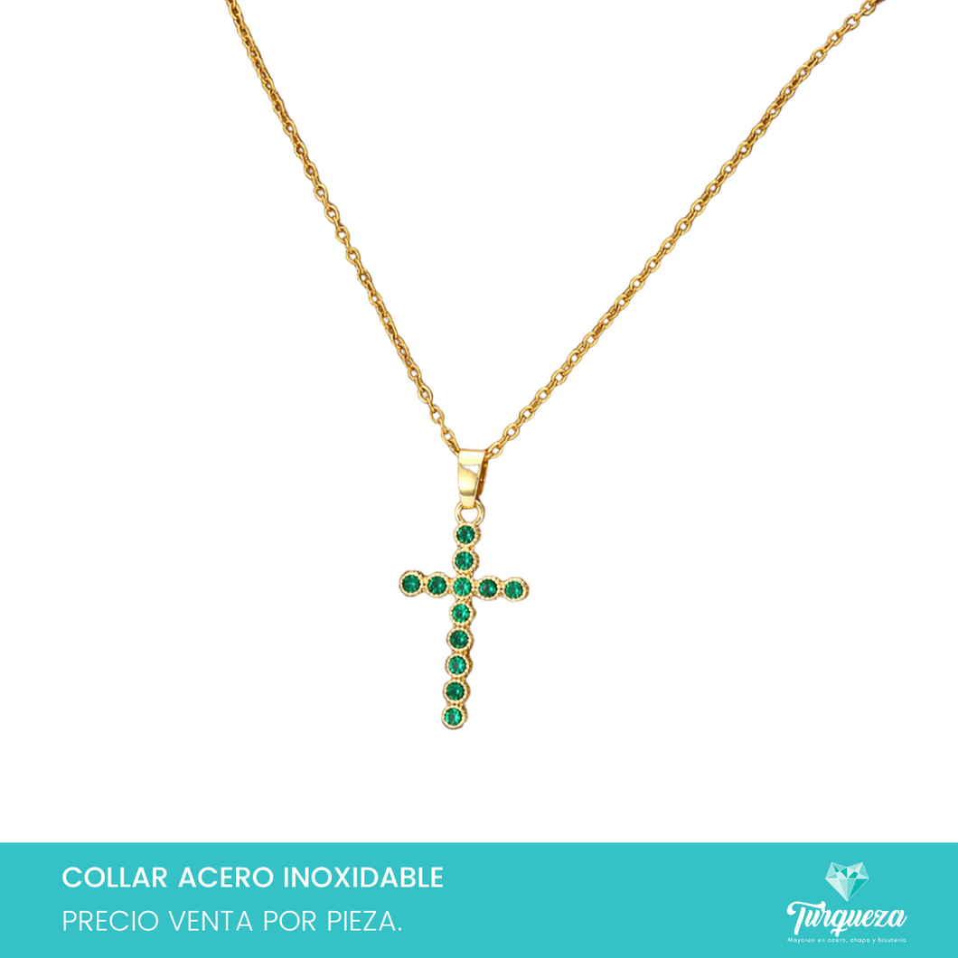 Collar Cruz Zirconias Verdes Dorado Acero Inoxidable