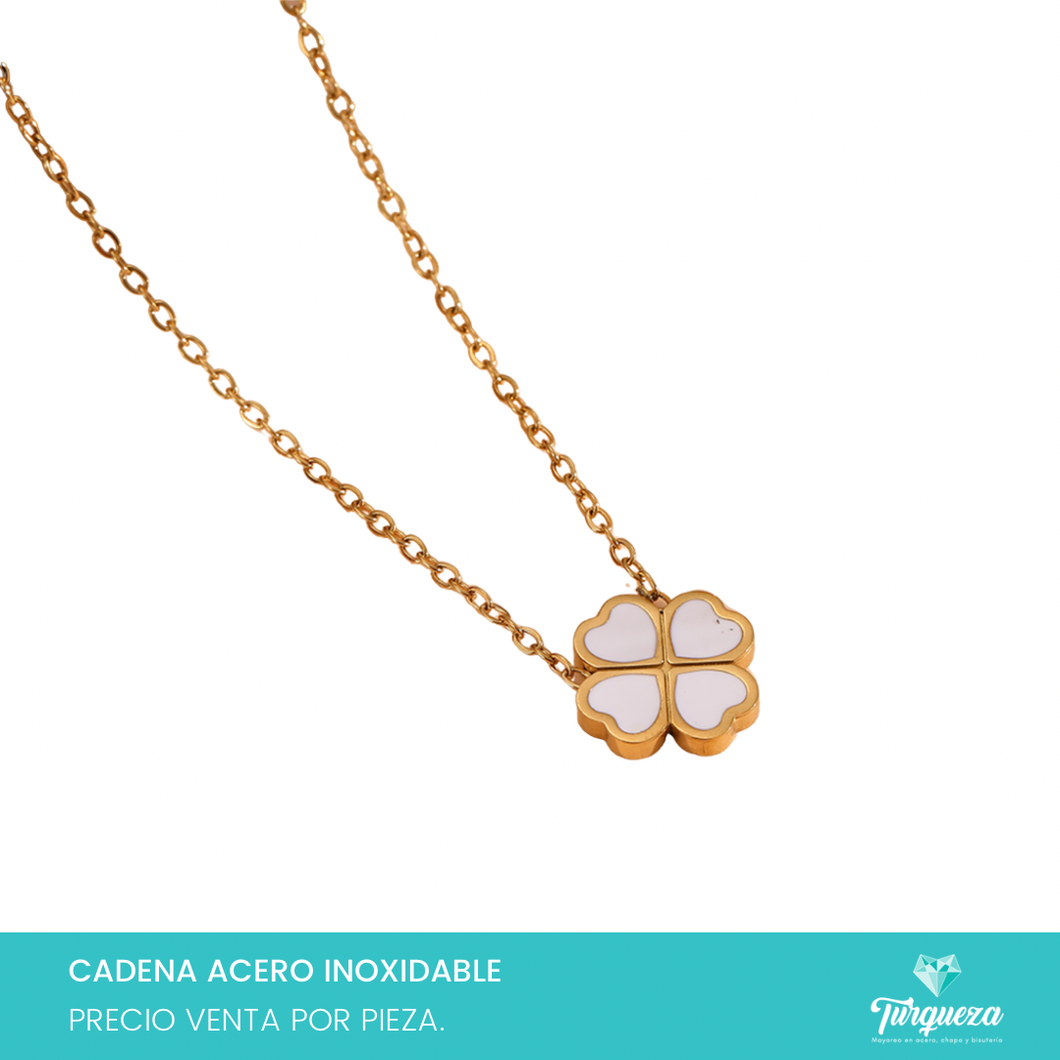 Collar Trebol Blanco Dorado Acero Inoxidable