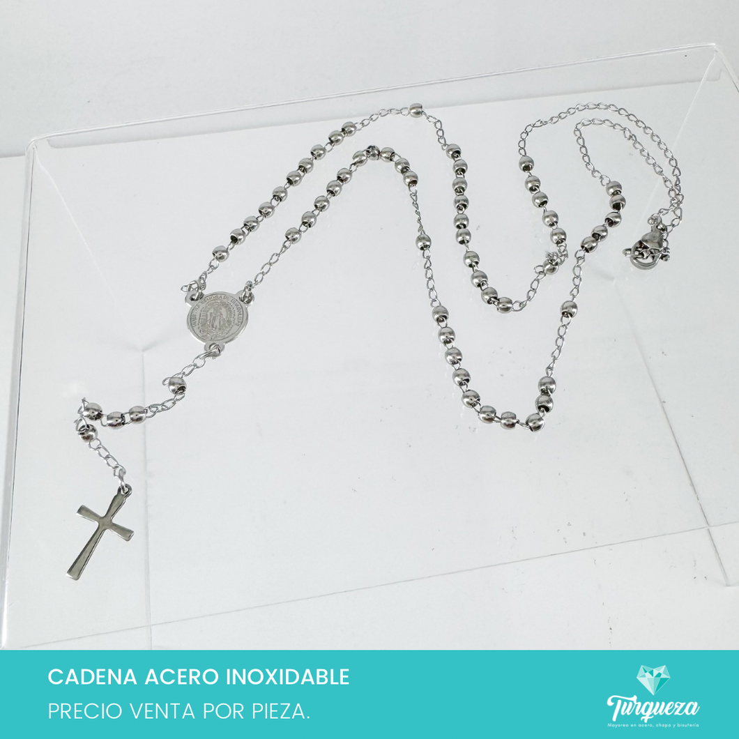 Collar Rosario Crucero Redondo Virgen de Guadalupe Acero Inoxidable