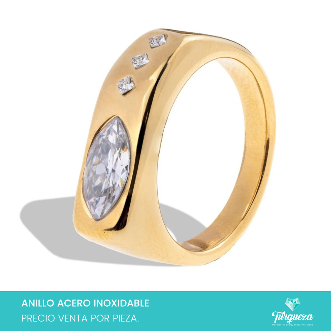 Anillo Chunky con Zirconia Oval Dorado Acero Inoxidable