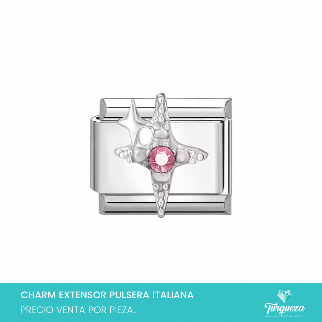 Dije Charm Estrella Zirconia Rosa 3D para Pulsera Tipo Italiana Acero Inoxidable