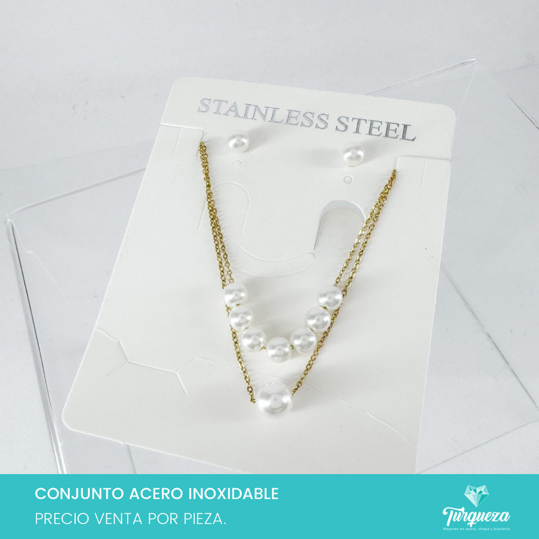 Conjunto Perlas Dorado Acero Inoxidable