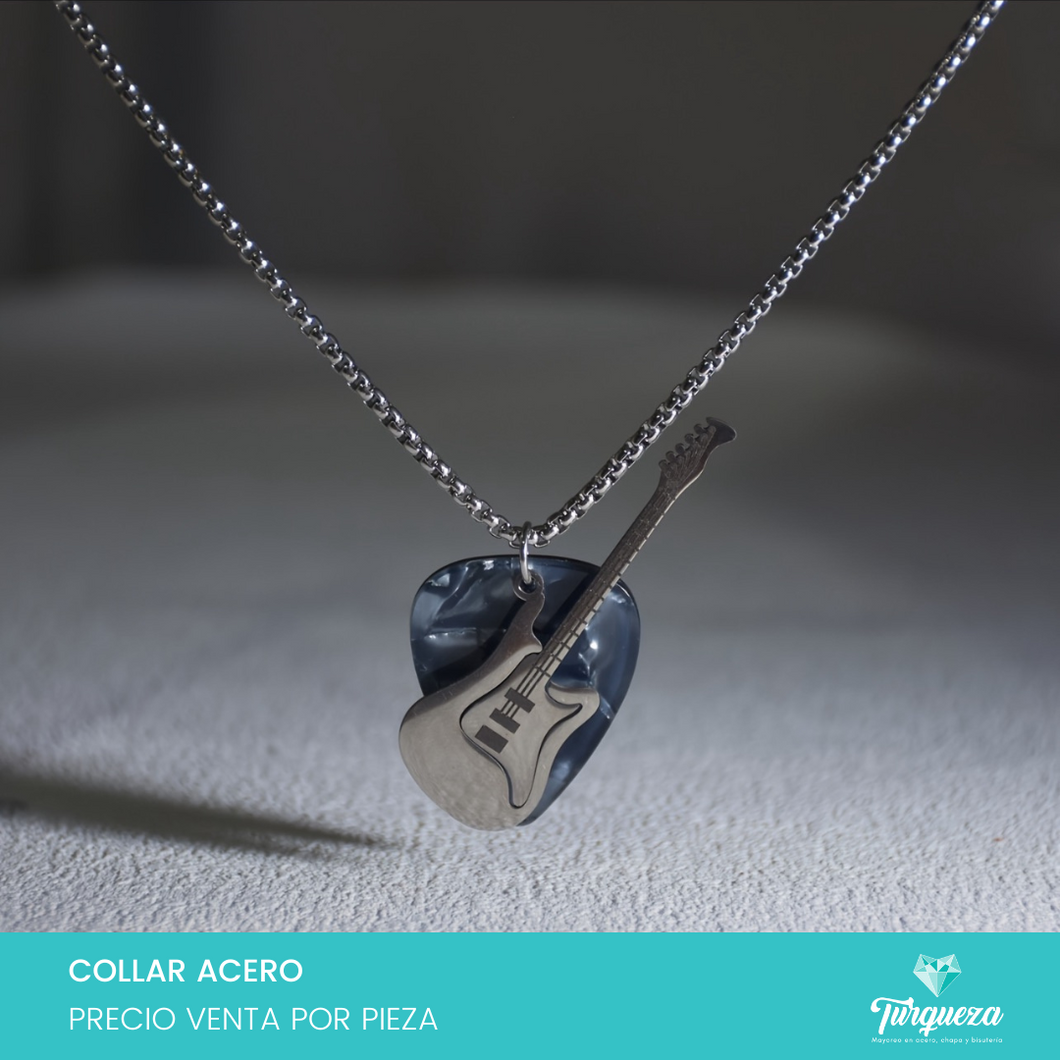 Collar Guitarra con Pua Azul Acero Inoxidable