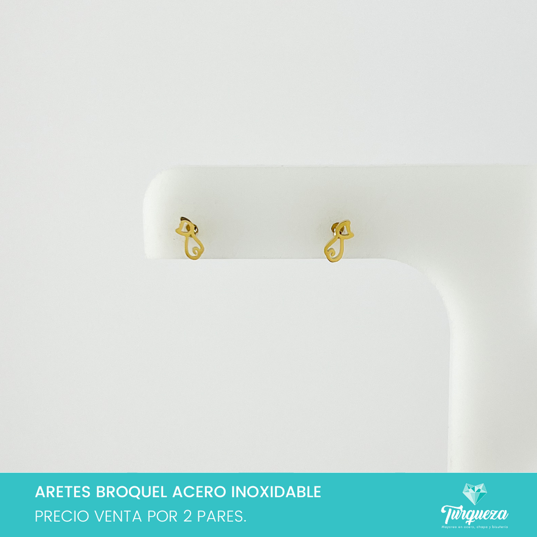 Aretes Broquel Gato Contorno Dorado (2 pares) Acero Inoxidable