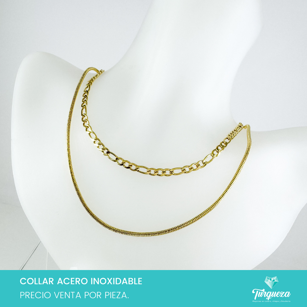 Collar Doble Cadena Carte y Tubular Dorado Acero Inoxidable