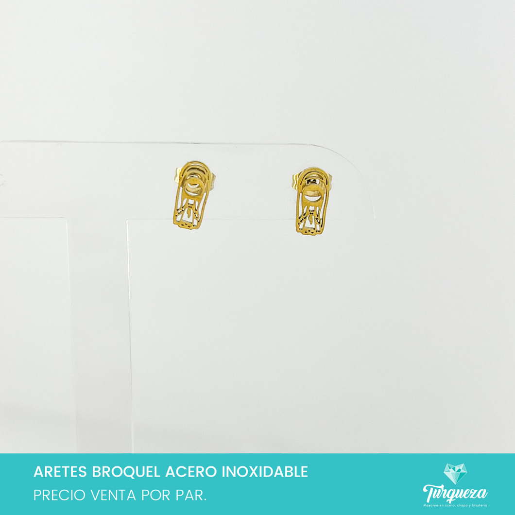 Aretes Broquel Virgencita Dorado Acero Inoxidable