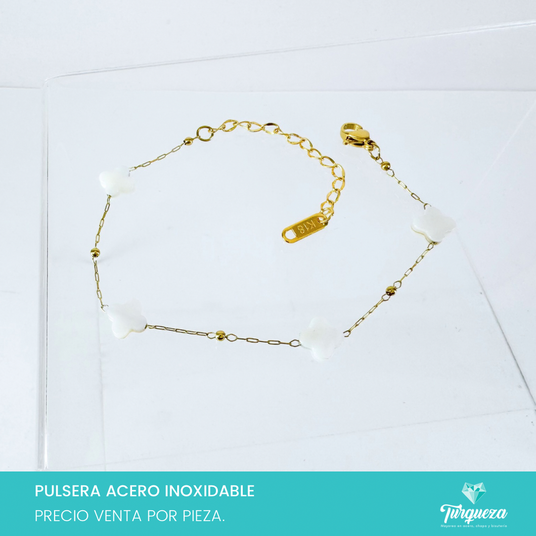 Pulsera Trebol Perla Dorado Acero Inoxidable