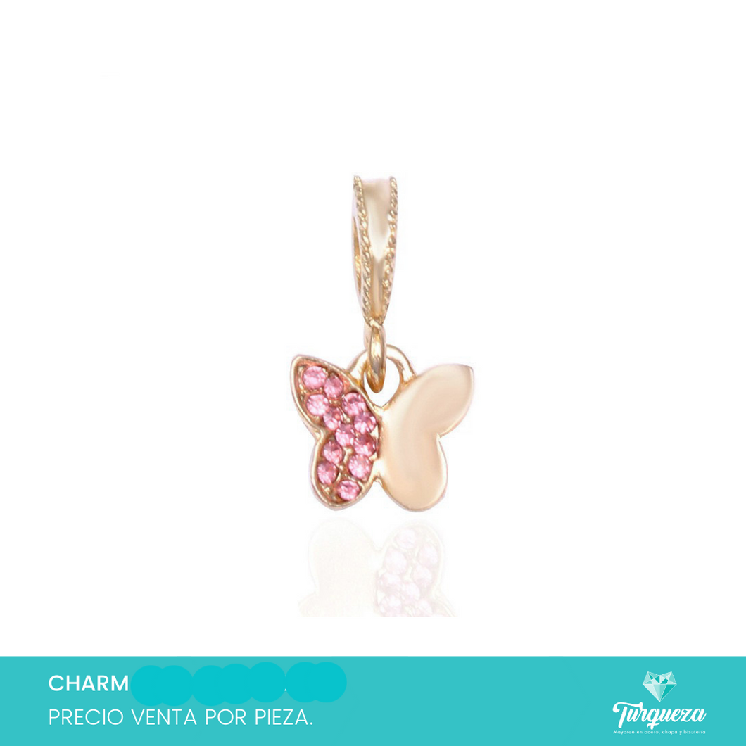 Dije Charm Mariposa Rosa Zirconias Colgante Tipo Pand Dorado