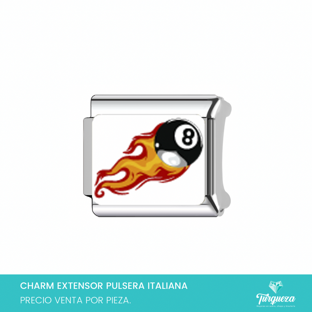 Dije Charm Bola 8 Fuego para Pulsera Tipo Italiana Plateado Acero Inoxidable