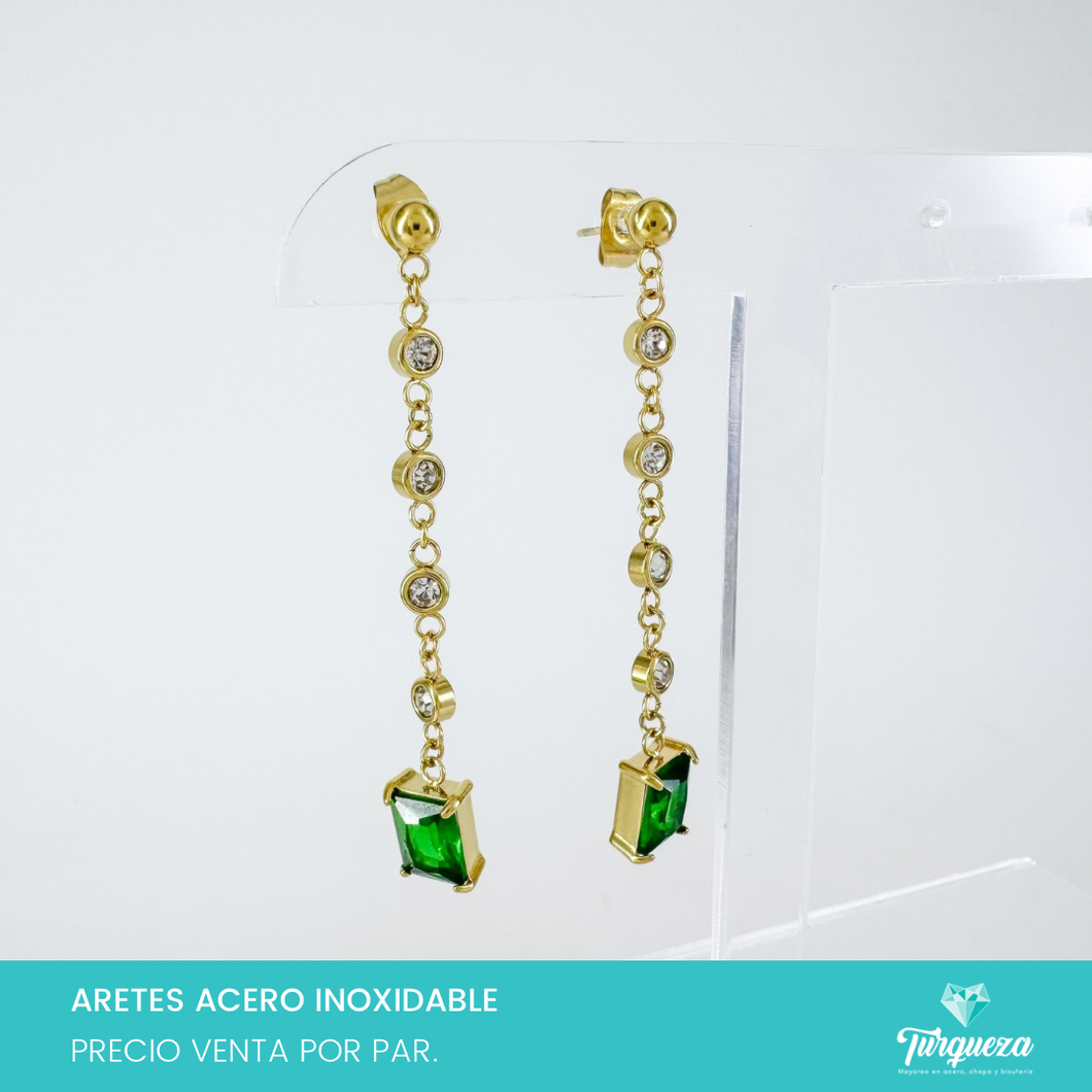 Arete Zirconia Verde Largo Dorado (5.5cm) Acero Inoxidable