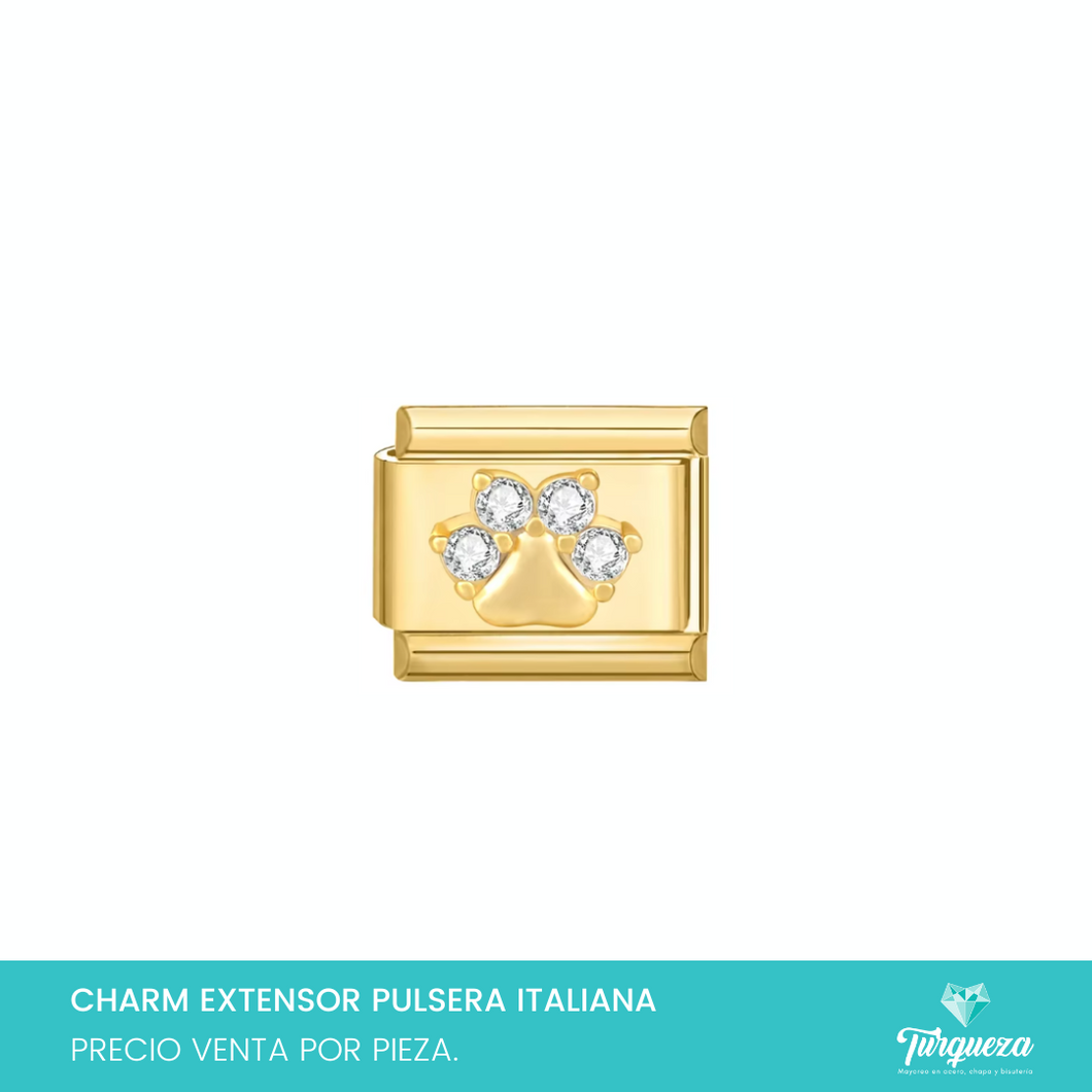 Dije Charm Huella Perro Zirconias para Pulsera Tipo Italiana Dorado Acero Inoxidable