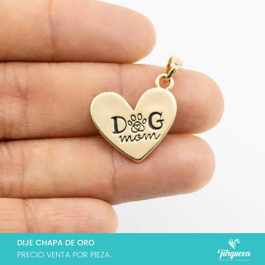 Dije Corazon Dog Mom (1.9x1.6cm) Chapa de Oro