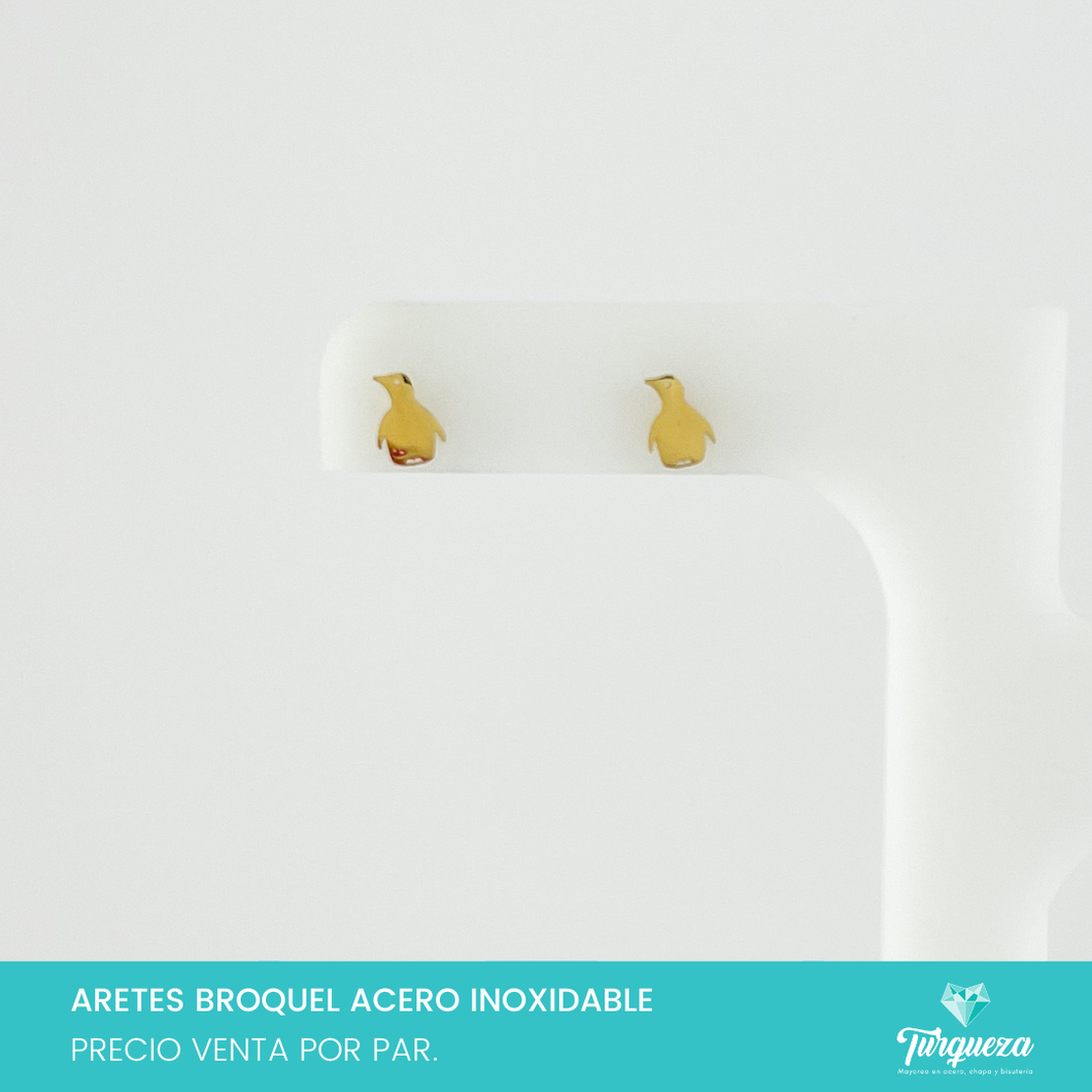 Aretes Broquel Pinguino Dorado (2 pares) Acero Inoxidable