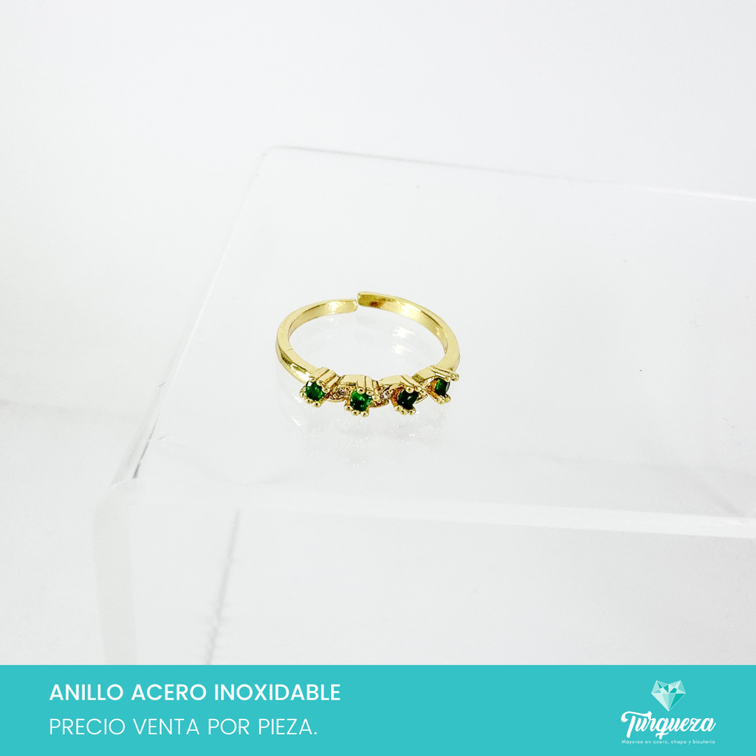 Anillo Zirconias Verde Ajustable Dorado Acero Inoxidable