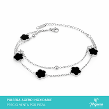Cargar imagen en el visor de la galería, Pulsera Doble Flor Negra Plateado Acero Inoxidable
