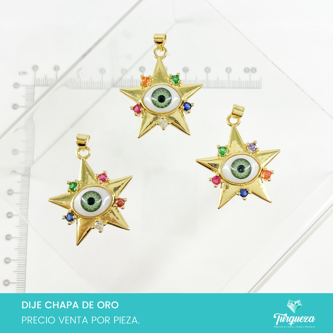 Dije Estrella Ojo Turc0 con Zirconia Colores Chapa de Oro