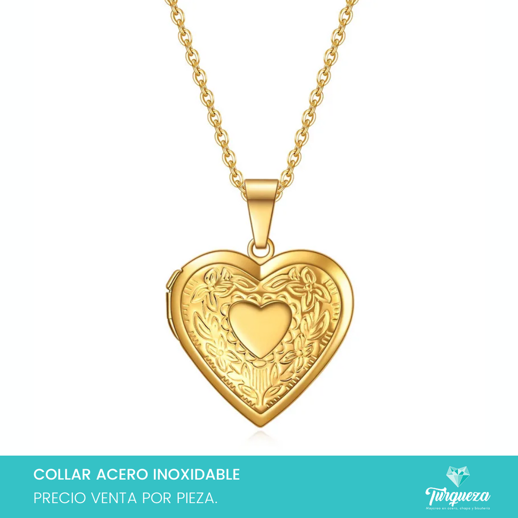 Collar Relicario Corazon Dorado Acero Inoxidable