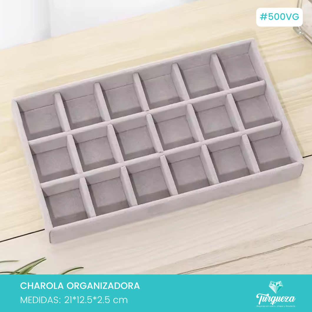 Exhibidor Charola Con 18 Divisiones Tela Terciopelo Gris