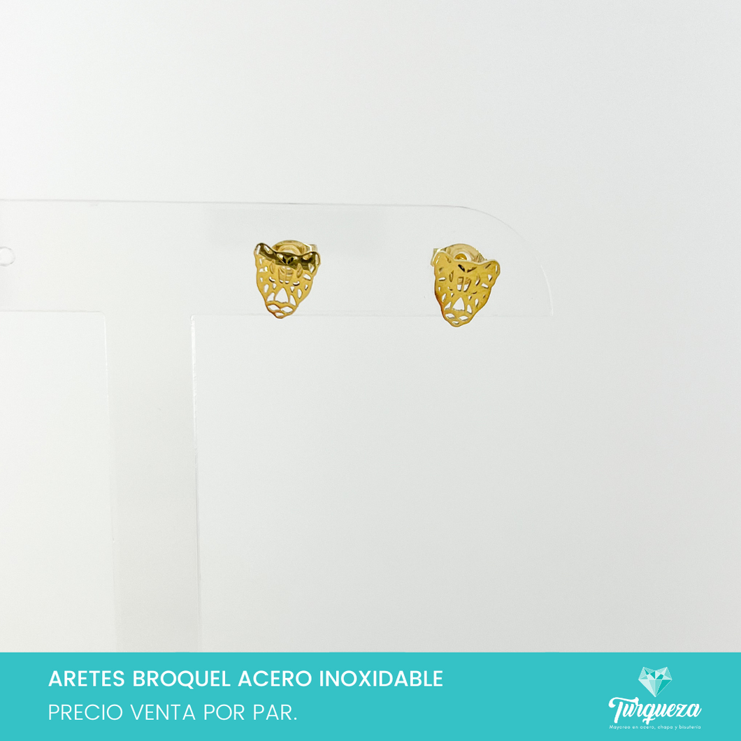 Aretes Broquel Leopardo Dorado Acero Inoxidable