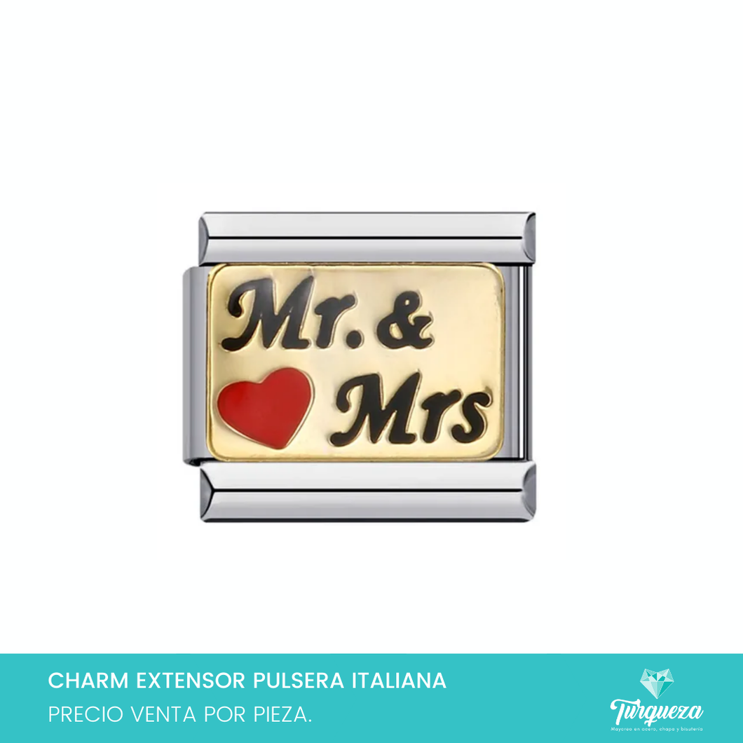 Dije Charm Mr Mrs para Pulsera Tipo Italiana Plateado Acero Inoxidable