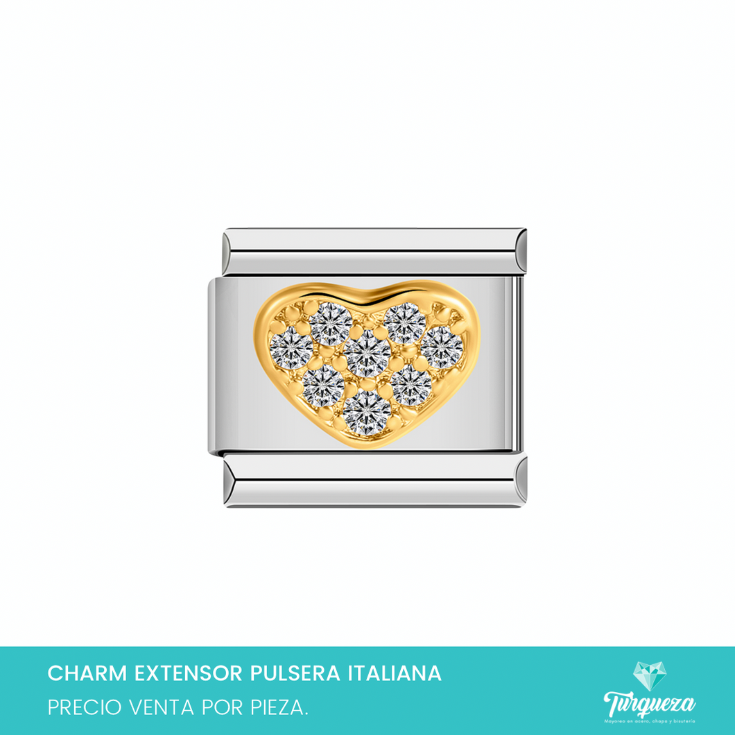 Dije Charm Corazon Zirconias para Pulsera Tipo Italiana Plateado Acero Inoxidable