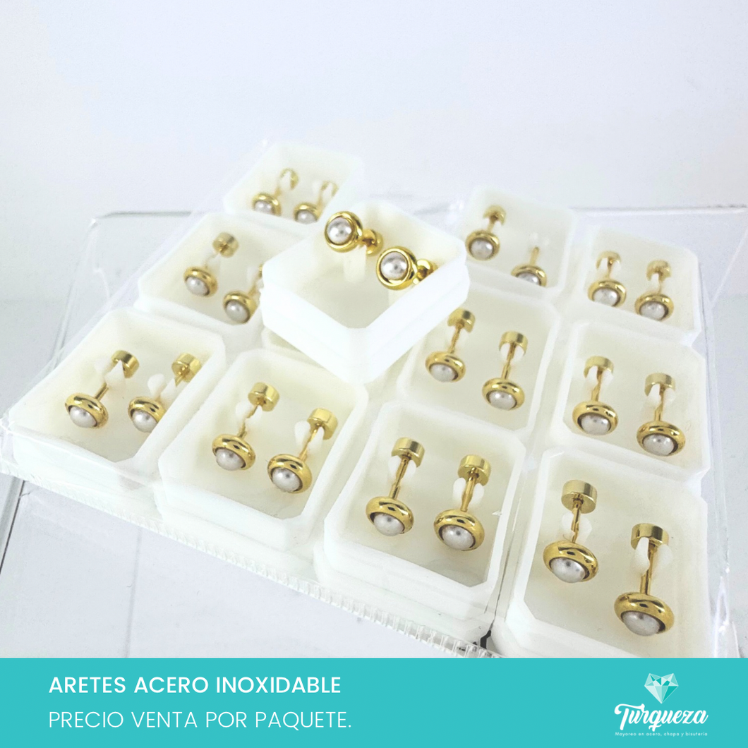 Arete Broquel Perla Paquete Dorado Acero Inoxidable