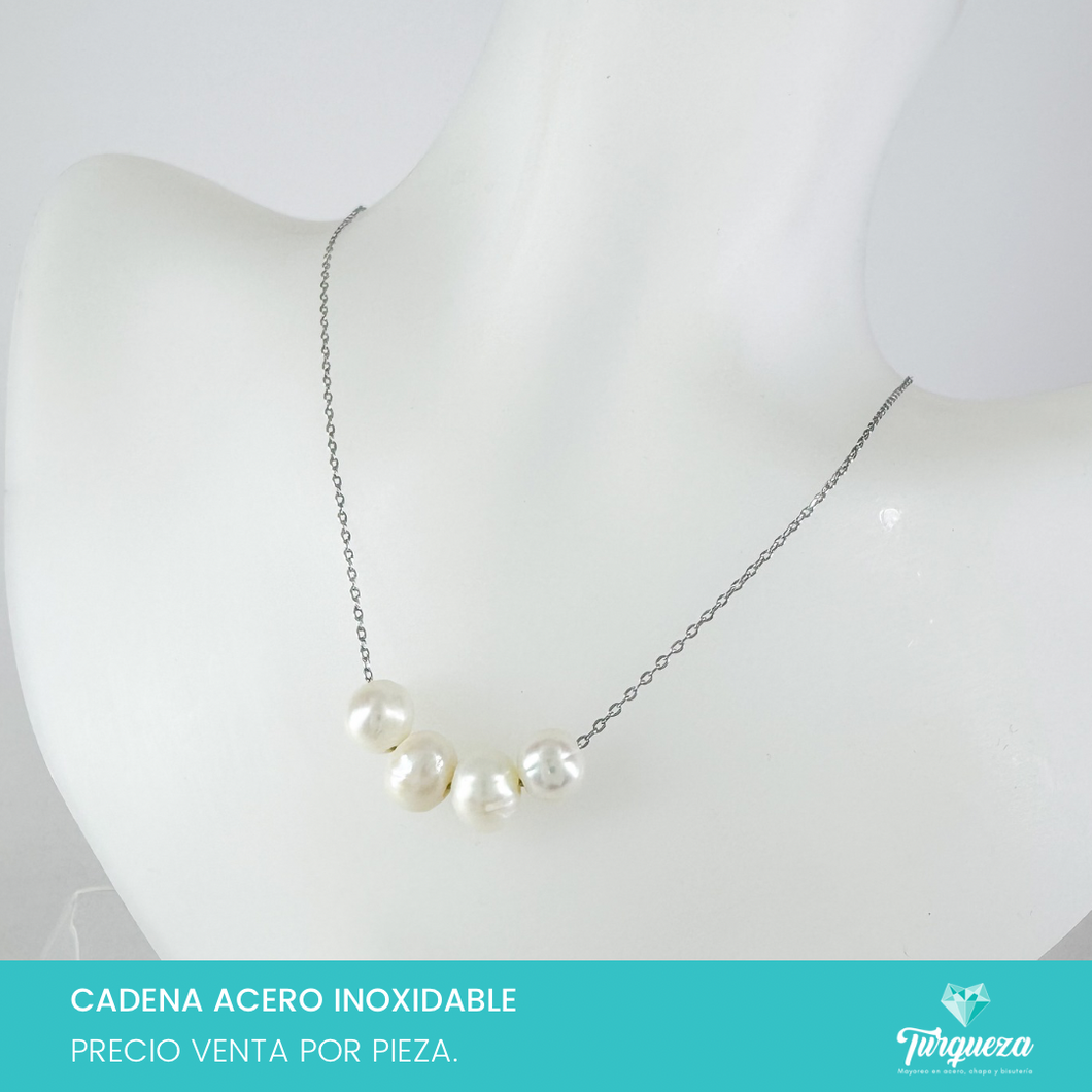 Collar Perlas de Rio Plateado Acero Inoxidable