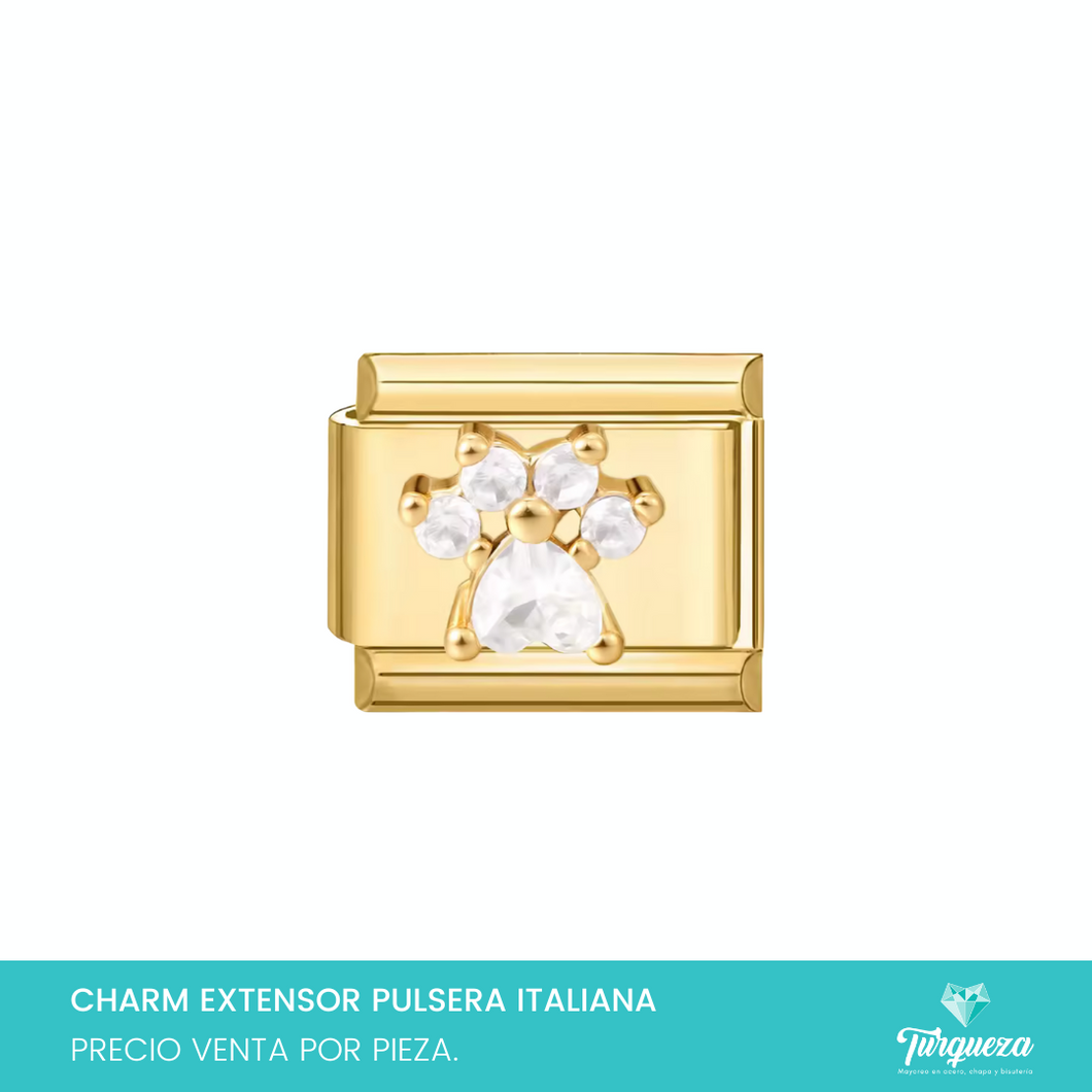 Dije Charm Huella de Perro Zirconias para Pulsera Tipo Italiana Dorado Acero Inoxidable