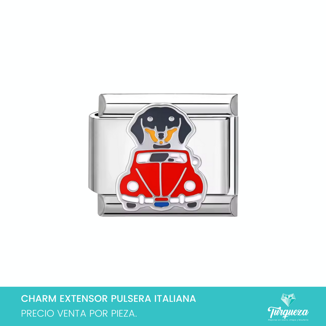 Dije Charm Perrito Carro para Pulsera Tipo Italiana Plateado Acero Inoxidable