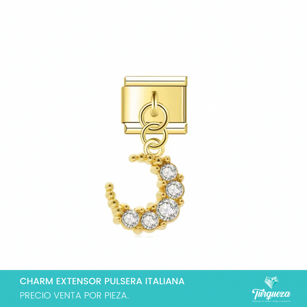 Dije Charm Luna Zirconia Colgante para Pulsera Tipo Italiana Dorado Acero Inoxidable