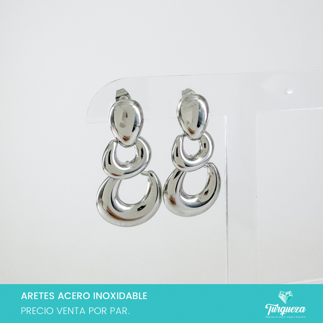 Arete Triple Colgante Plateado 3cm Acero Inoxidable