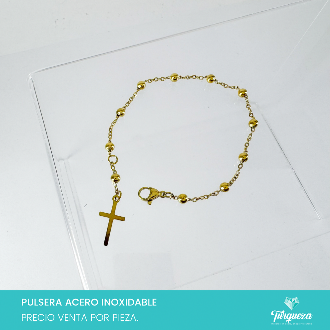 Pulsera Balin con Cruz Dorado Acero Inoxidable