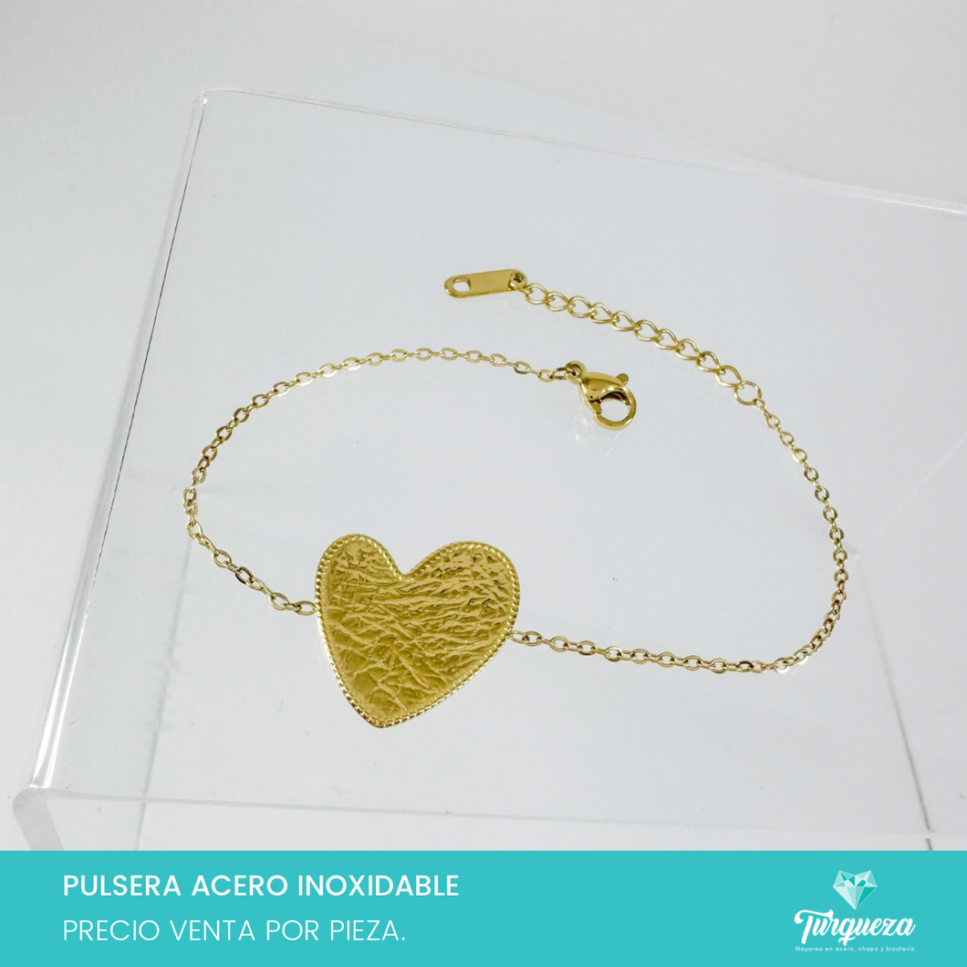 Pulsera Corazon Craquelado Dorado Acero Inoxidable