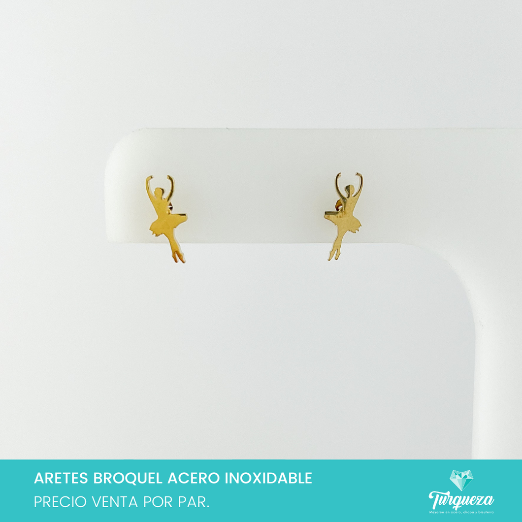 Aretes Broquel Bailarina Ballet Dorado Acero Inoxidable