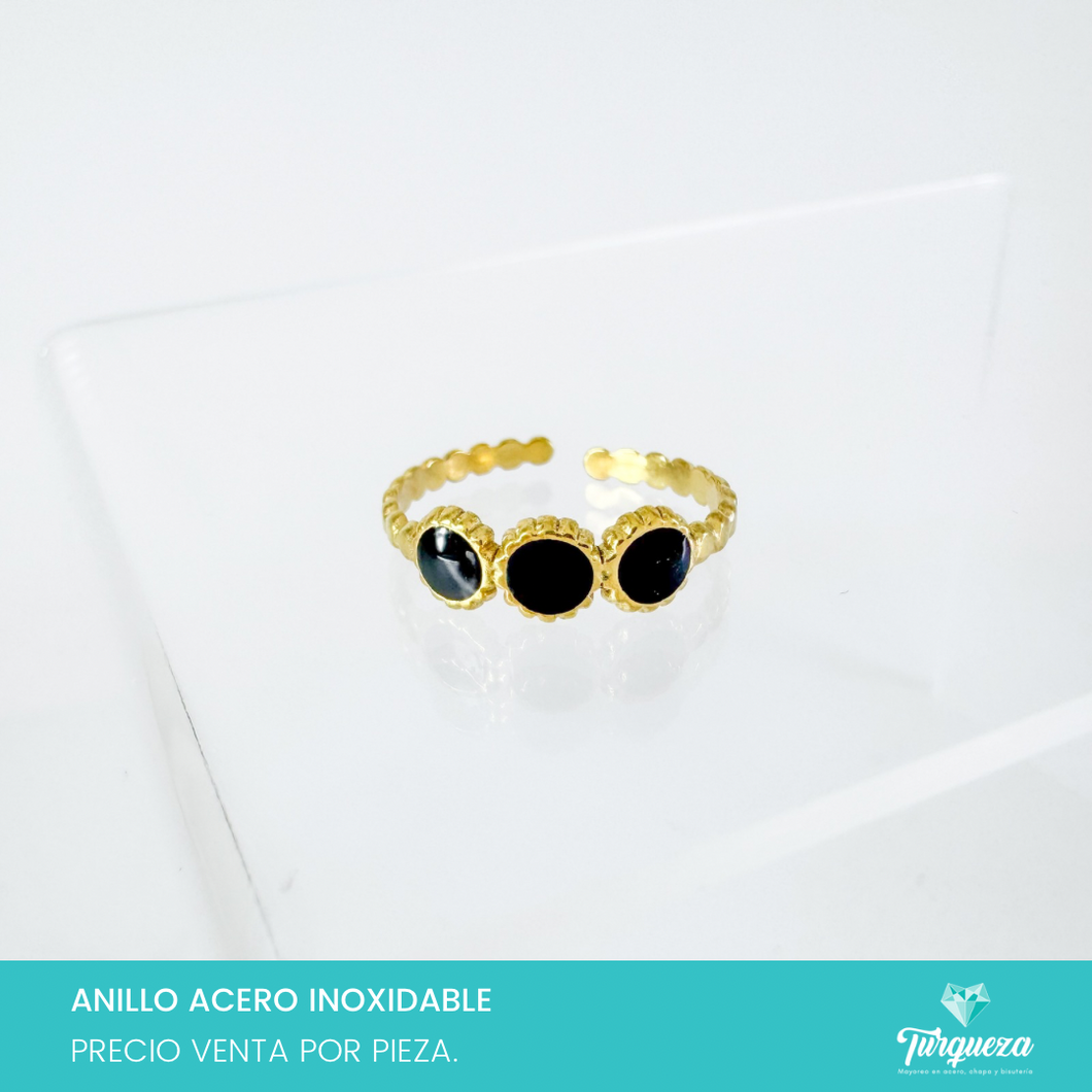 Anillo Piedras Negras Dorado Acero Inoxidable